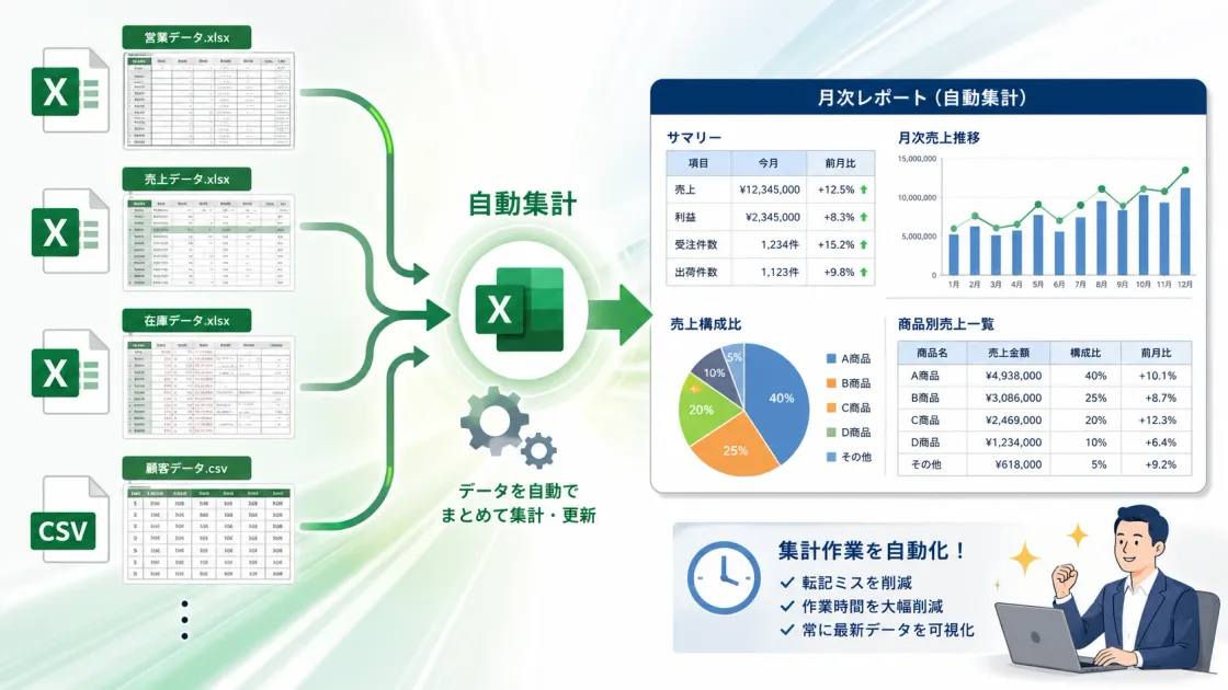 Excel集計を自動化する方法｜複数ファイル・CSV・月次レポートを効率化する進め方